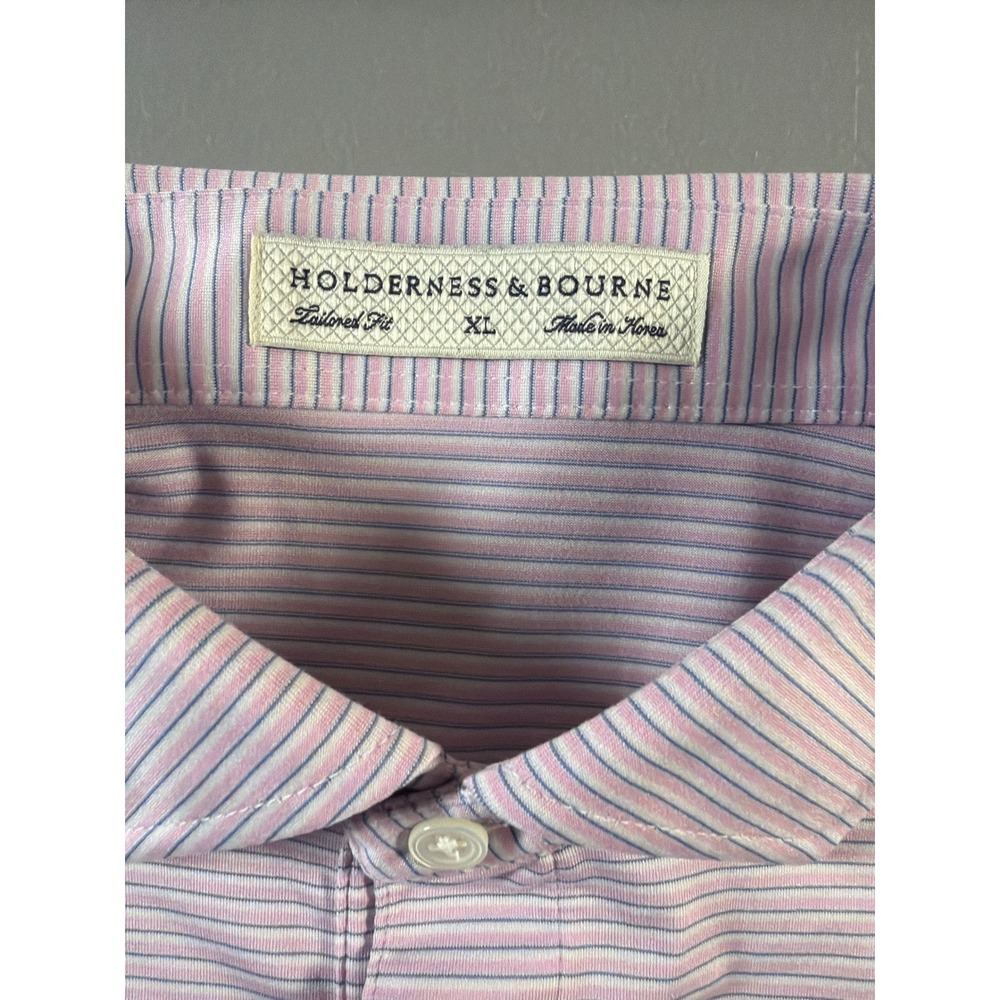 Holderness & Bourne Golf Polo Mens XL Pink Striped Tailored Fit Short Sleeve Shi - Picture 2 of 7